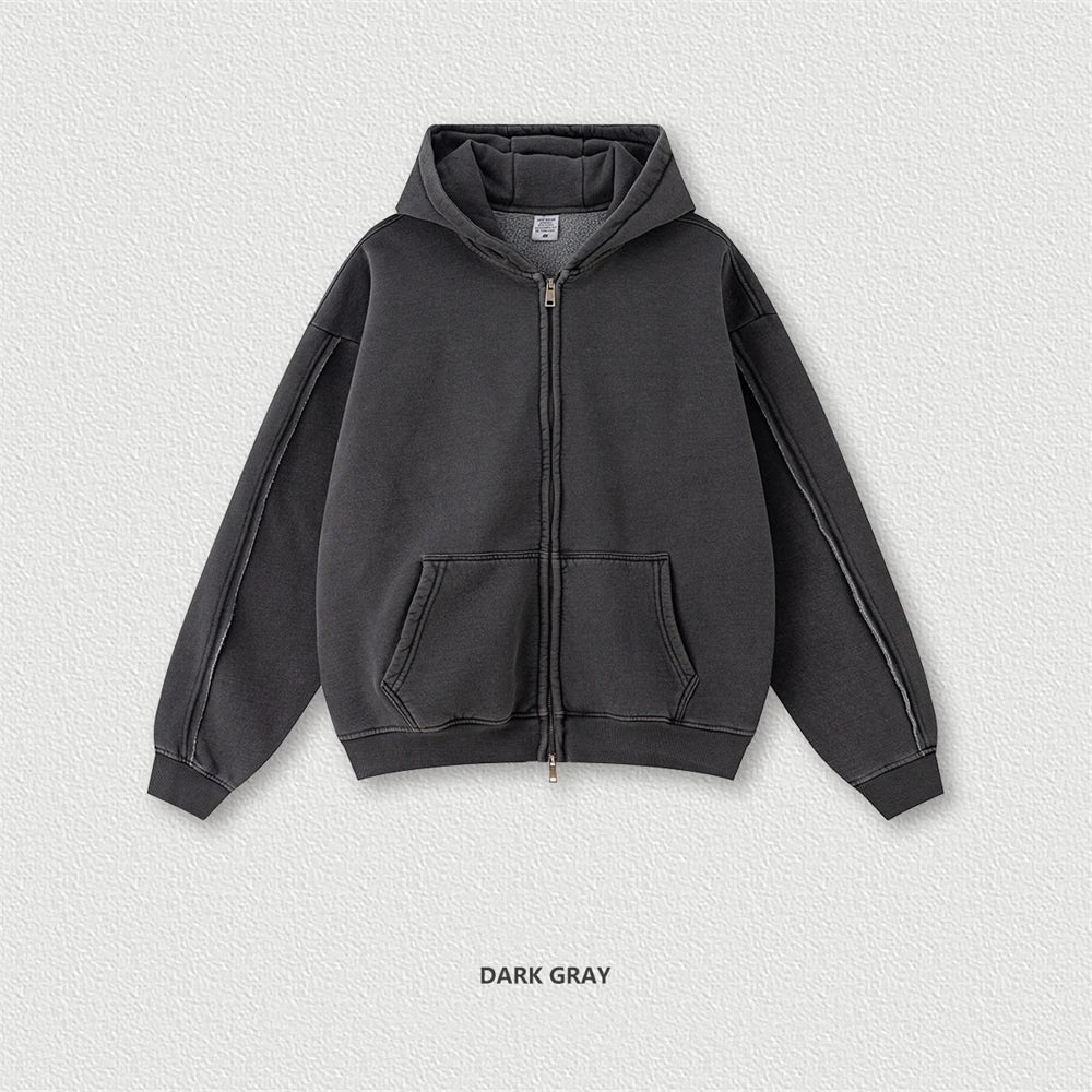 ZODF Retro 2025 Autumn Winter Unisex Zipper Fleece Hoodie 400gsm Washed Batik Warm Hooded Coat HY1084 - Dark Grey / XL