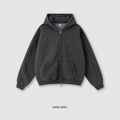 ZODF Retro 2025 Autumn Winter Unisex Zipper Fleece Hoodie 400gsm Washed Batik Warm Hooded Coat HY1084 - Dark Grey / XL