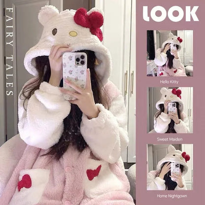Aoger Hello Kitty Pajamas Women'S Autumn And Winter Coral Velvet Thickened Bathrobe Cute Winter Nightgown Long Women'S Suit