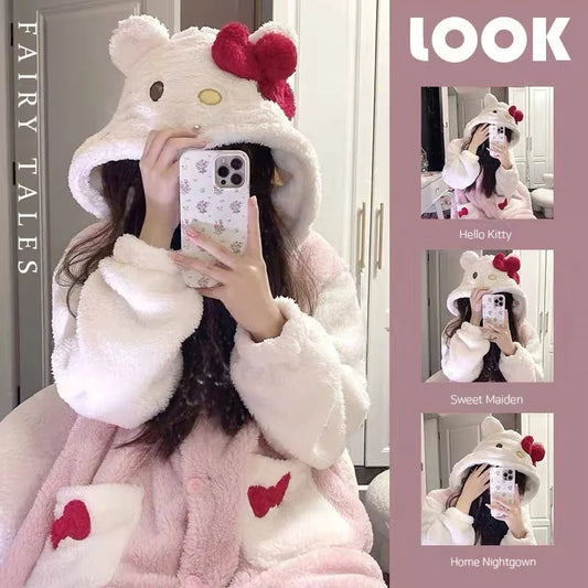 Aoger Hello Kitty Pajamas Women'S Autumn And Winter Coral Velvet Thickened Bathrobe Cute Winter Nightgown Long Women'S Suit