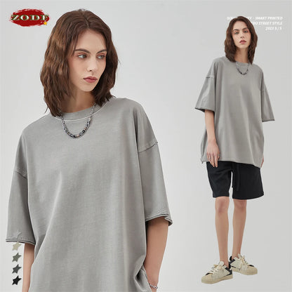 ZODF 2025 High Street Men Batik Washed Solid T Shirts Unisex Summer Loose Edge Noshrink 275gsm Cotton T-Shirt Streetwears HY0466