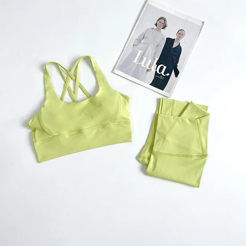 2 Pieces Yoga Set Women Gym Set Workout Clothes Sports Suits High Waist Leggings Cross Straps Fitness Bra Top Running Tracksuit