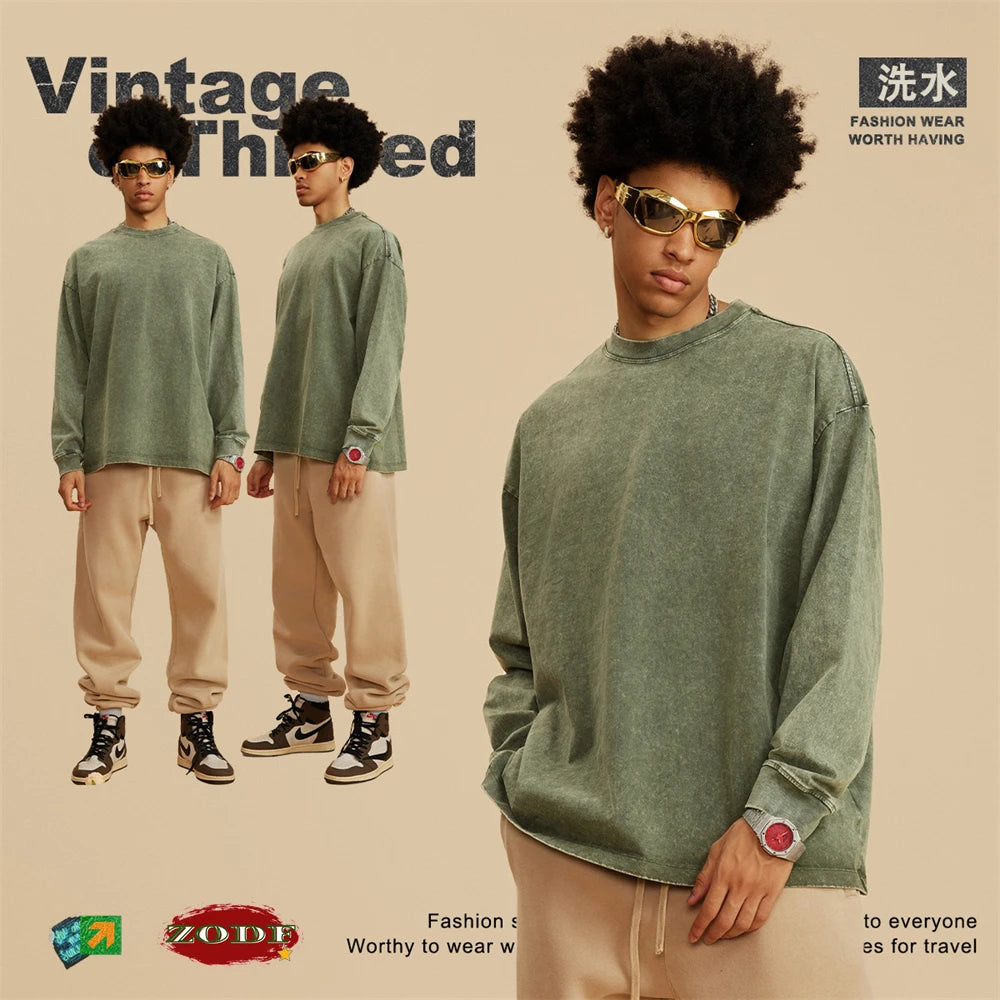 ZODF Retro 2025 Men Autumn Batik Washed T Shirt Unisex Oversized Basic Long Sleeve Solid 270gsm Cotton T-Shirts Tees HY0641