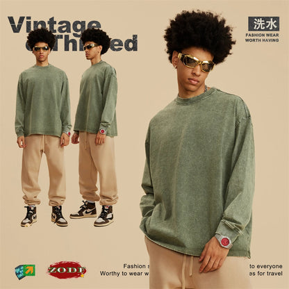 ZODF Retro 2025 Men Autumn Batik Washed T Shirt Unisex Oversized Basic Long Sleeve Solid 270gsm Cotton T-Shirts Tees HY0641