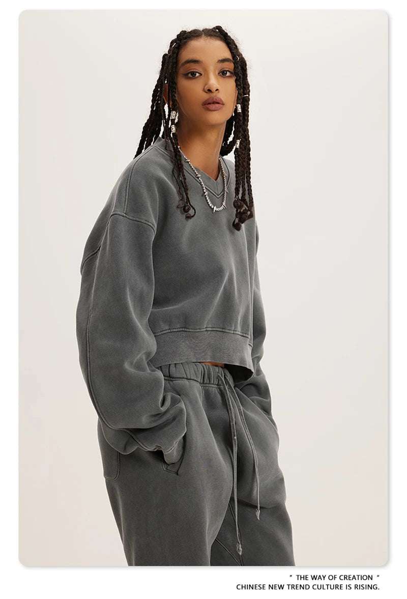 ZODF Winter Women Short Fleece Cropped Sweatshirts Girls Female Hip Hop Loose 400gsm V-Neck Pullovers Brand Tops HY0437