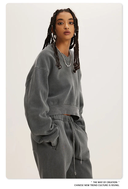 ZODF Winter Women Short Fleece Cropped Sweatshirts Girls Female Hip Hop Loose 400gsm V-Neck Pullovers Brand Tops HY0437