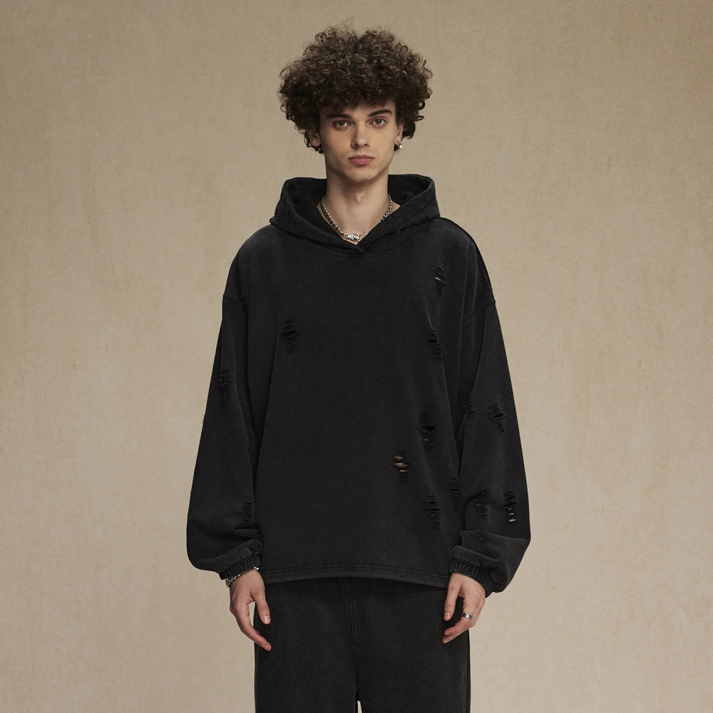 ZODF Vintage Winter Men Distressed 450gsm Hoodies Unisex High Street Ripped Holes Elastic Hem Hooded Pullovers Coat HY0932