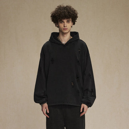 ZODF Vintage Winter Men Distressed 450gsm Hoodies Unisex High Street Ripped Holes Elastic Hem Hooded Pullovers Coat HY0932