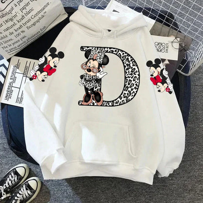 2024 Women's Winter Jacket Cute Kawaii Disney Mickey Mouse Lucky Letters Print White Hoodie Fashion Couple Streetwear Sportswear