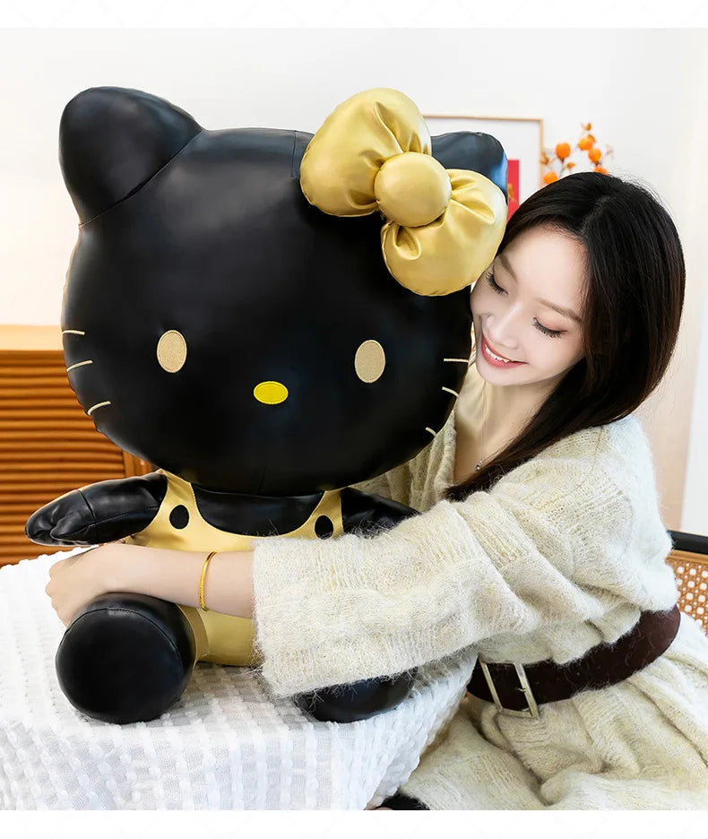 Cute Hello Kitty Plush Toy Black Gold Leather Cute Stuffed Animal Doll Kids Birthday Xmas Gift for Girls Plushie Pillow Present