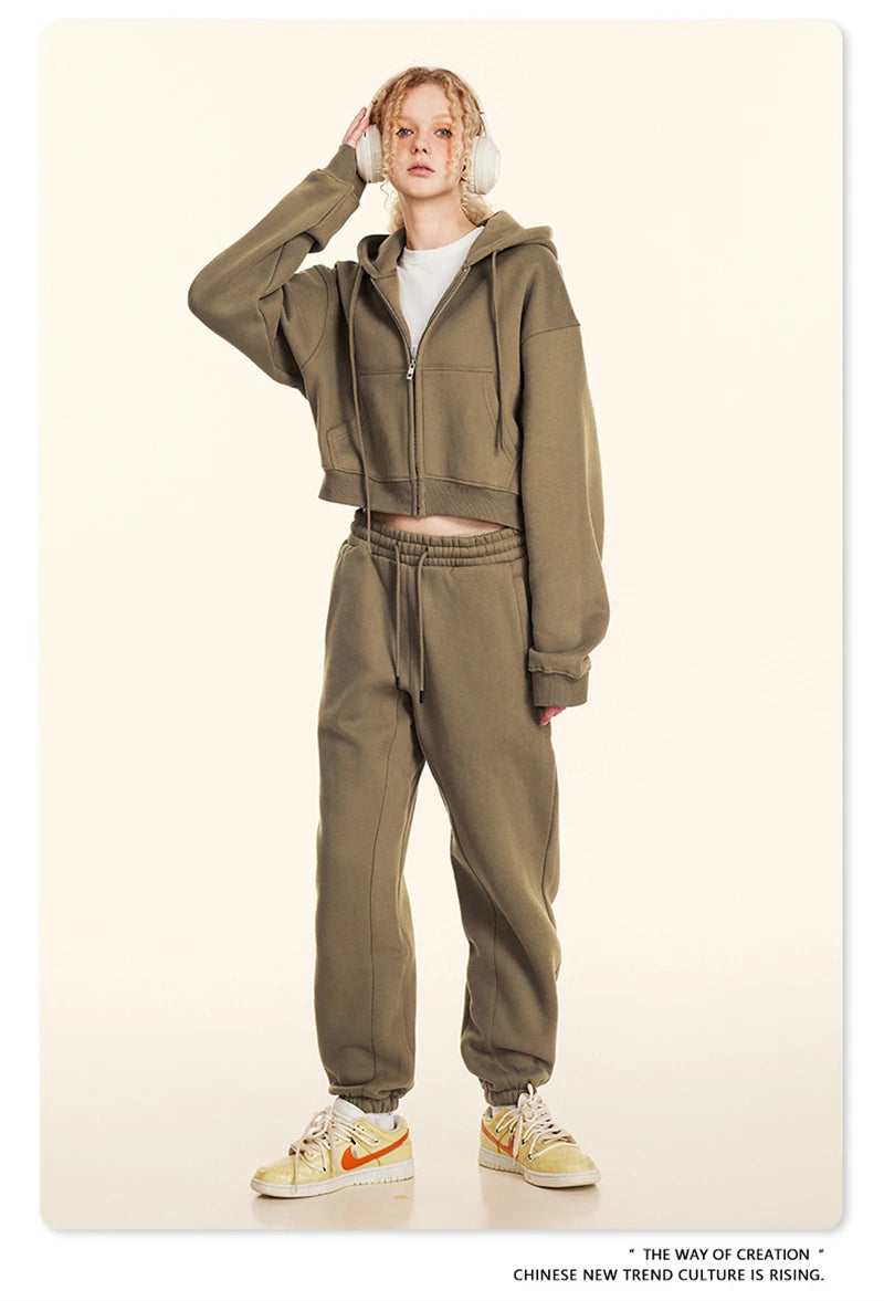 ZODF 2024 Winter Women Zipper Crop Hoodies Female Girls Solid 345gsm Warm Fleece Short Hooded Zip-Up Coat HY0911