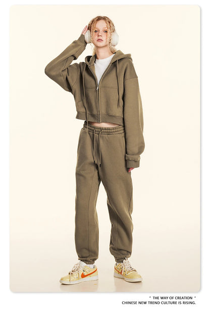 ZODF 2024 Winter Women Zipper Crop Hoodies Female Girls Solid 345gsm Warm Fleece Short Hooded Zip-Up Coat HY0911