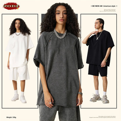 ZODF 2025 Men Summer Heavy Weight Washed 330gsm Cotton T-shirt Unisex High Street Distressed Holes Oversized T Shirts Tee HY0984
