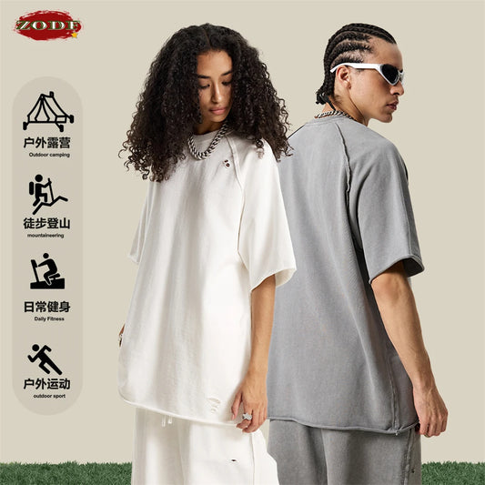 ZODF 2025 Men Summer Heavy Weight Washed 330gsm Cotton T-shirt Unisex High Street Distressed Holes Oversized T Shirts Tee HY0984