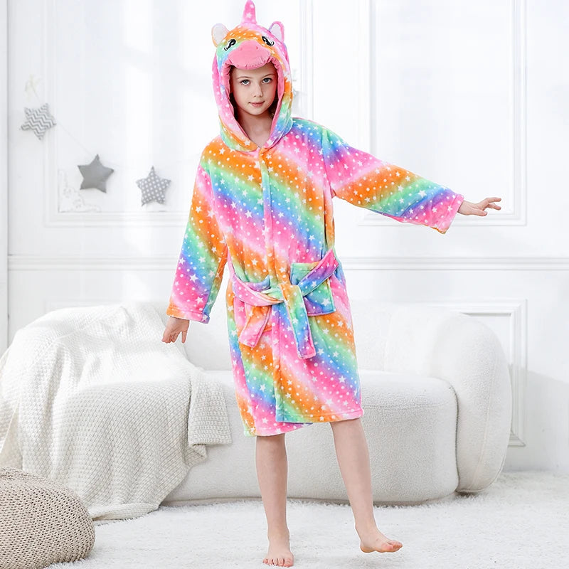 Toddler Boys Bathrobe Girl Sleepwear Winter Flannel Hooded Bath Towel Teen Dinosaur Cow Pjs Animal Pajamas Robe Children Clothes