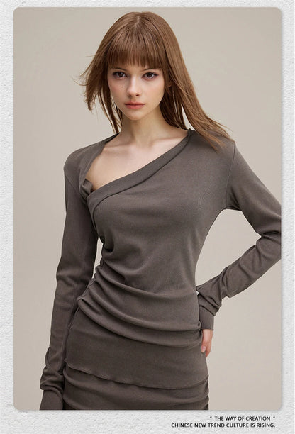 ZODF Retro Sexy Women Autumn Washed 275gsm T Shirt Ladies Girls Distressed Side Pleated Full Sleeve T-Shirts Tees HY1107