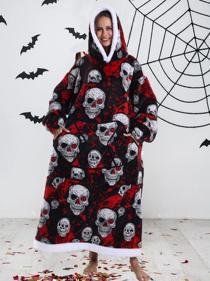 Short/Long Hoodie Blanket for Adults Winter Soft Thicken Warm Wearable Blanket Hoodie with Sleeves Halloween Pajamas for Couples