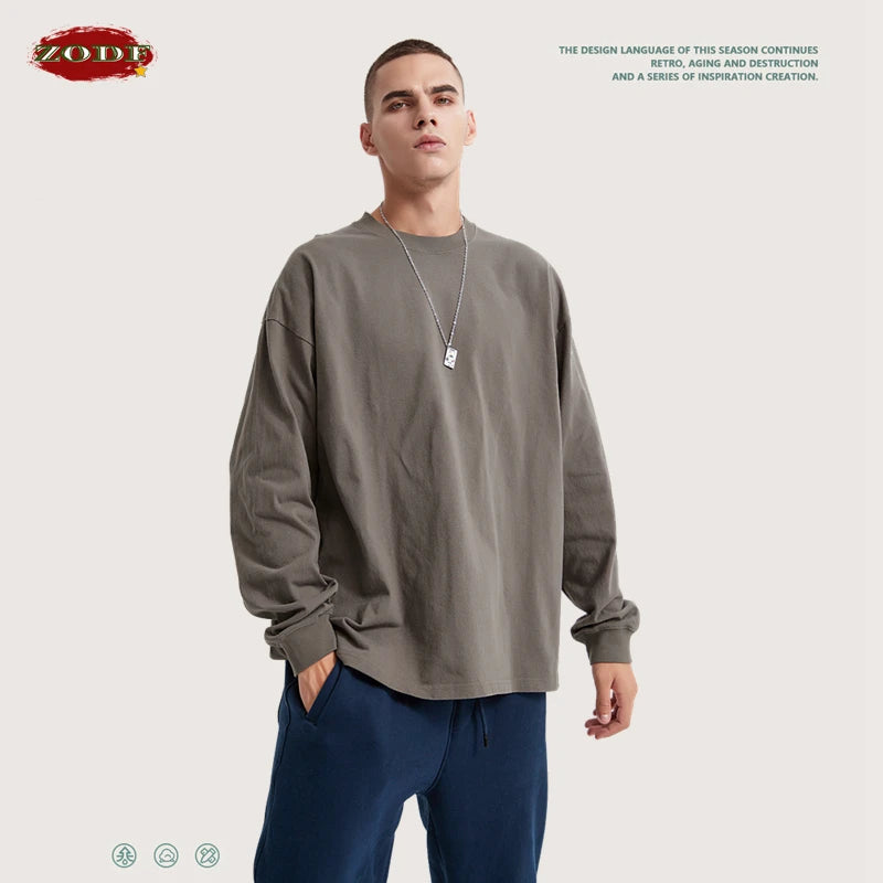 ZODF Retro Autumn Full Sleeve Washed 100% Cotton T-Shirts For Men Unisex Solid Casual Loose 310gsm Tee Brand Tops HY0405