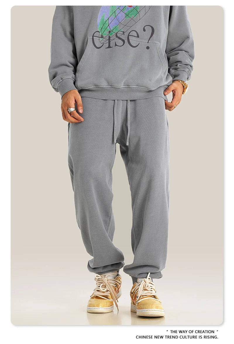 ZODF Retro Men Washed 380gsm 100% Cotton Sweatpant Unisex Loose Sport Solid Joggers Pants For Spring Autumn  HY0901