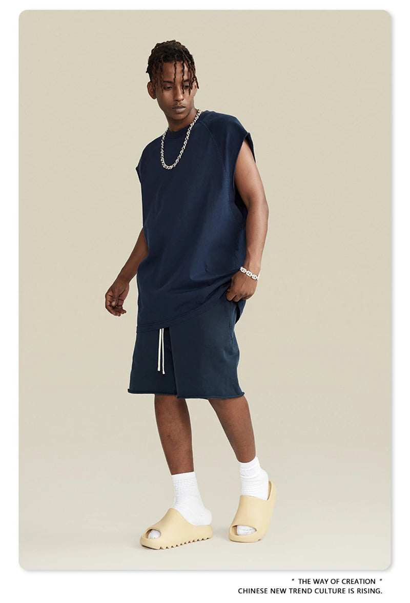 ZODF American Retro Men Washed Solid Tank Tops Women Unisex Loose Edge 275gsm Cotton Sleeveless Tees Brand Streetwears HY0503