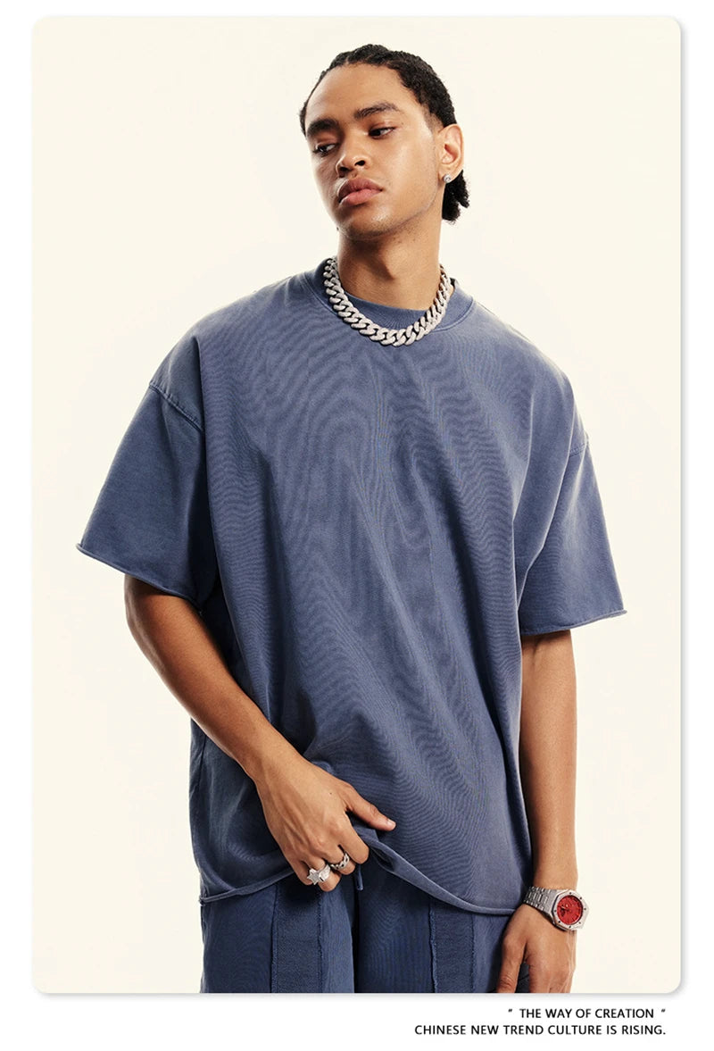 ZODF Retro 2024 Summer Men Washed Cotton T-Shirts  Unisex Women 310gsm Distressed Hem Loose Edge T Shirt Brand Tees HY0808