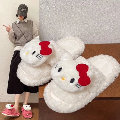 New Sanrio Sweet Hello Kitty Warm Cotton Slippers For Student Dormitory Comfortable One Word Hairy Adult Cotton Slippers