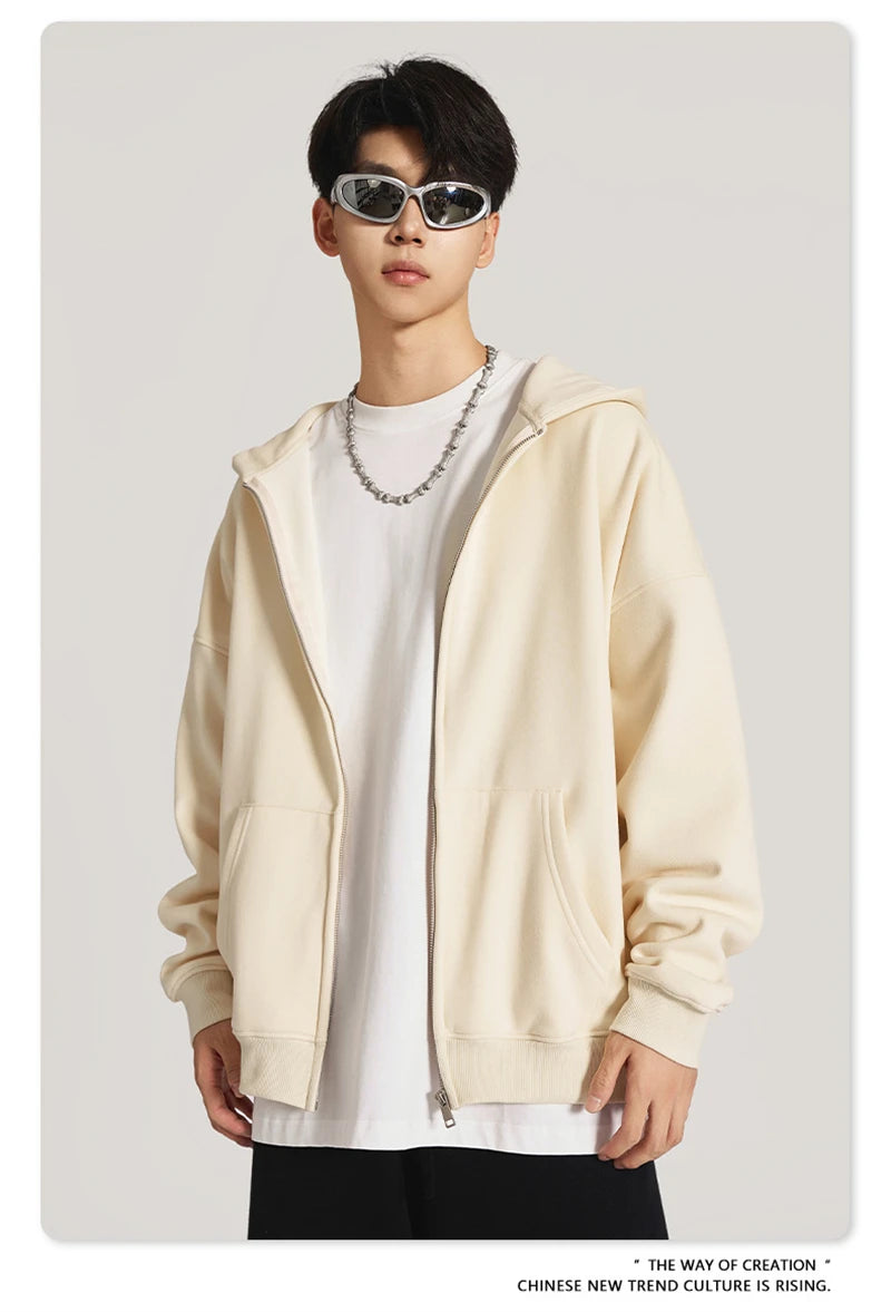 ZODF New Winter Men Zipper Fleece Hoodies Unisex Loose Heavy Weight Thick Warm Basic 420gsm Hooded Coats Hoodie HY0747