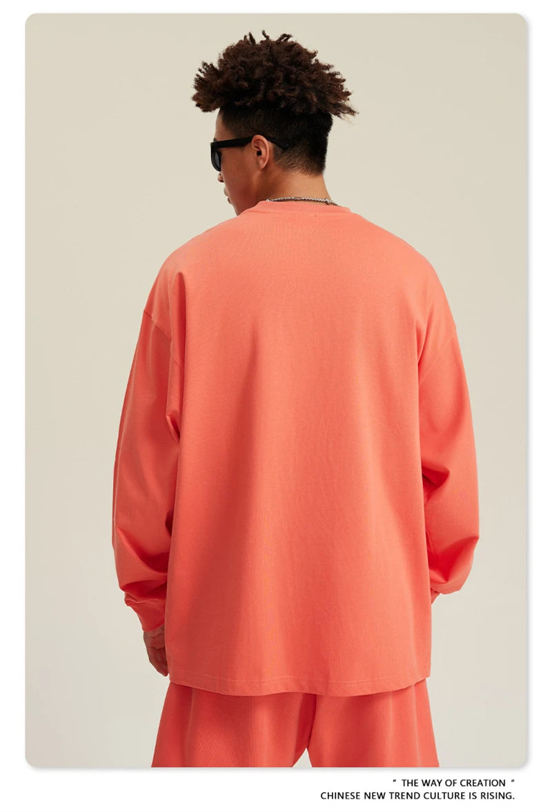 ZODF NEW Autumn Men's Solid Full Sleeve T Shirts Unisex Loose Oversized Casual 305GSM Cotton Basic T-Shirt Brand TEE HY0209