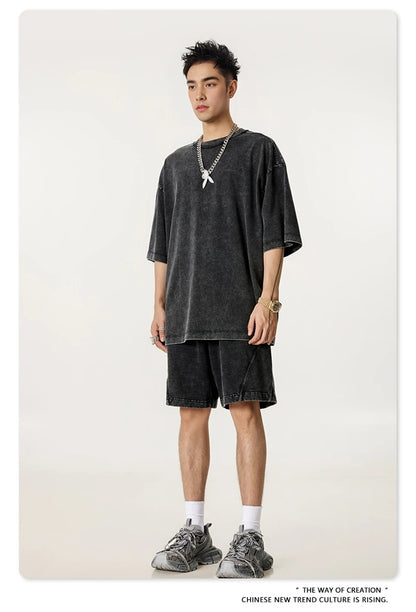 ZODF New Men Fire Snowflake Washed 330gsm Shorts Unisex High Street Summer Distressed Sport Cotton Shorts HY1028