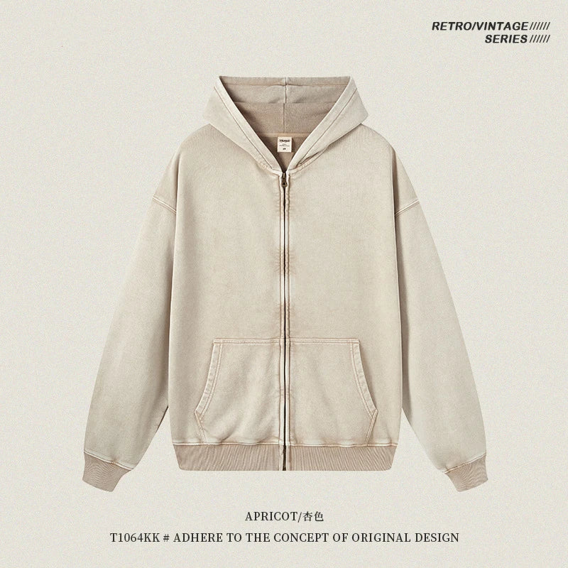 ZODF Retro Autumn Batik Washed 100% Cotton 420gsm Terry Oversized Distressed Zipper Hoodie Unisex HY0936 - Apricot / S