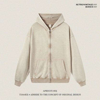 ZODF Retro Autumn Batik Washed 100% Cotton 420gsm Terry Oversized Distressed Zipper Hoodie Unisex HY0936 - Apricot / S