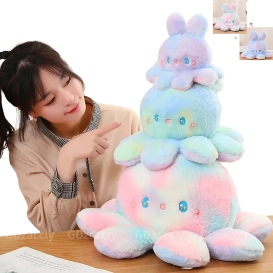Kawaii Plush Flip Rainbow Cosplay Bunny Octopus Plush Toy Double Side Reversable Rabbit Plushie Peluche Doll  Cuddly Doll