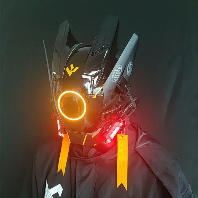 Cyberpunk Helmet Cosplay Mask with LED Light Dreadlocks Braided Wings Shinobi Samurai Style – Birthday & Christmas Gift