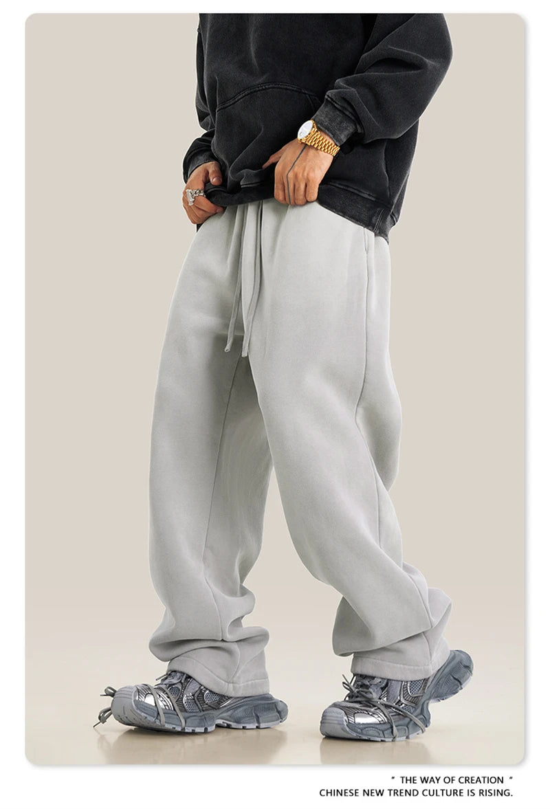 ZODF Retro Winter Monkey Washed Fleece Pants For Men Unisex Washed High Street 332gsm Warm Oversized Straight Trousers HY0892