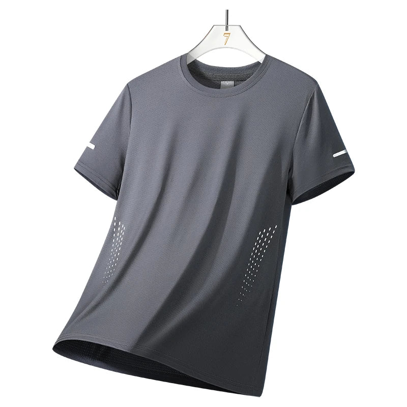 Chrlck Men’s Quick Drying Breathable Running T-Shirt Soft Elastic Outdoor Sports Shirt Summer - Gray1 / 4XL(80-90kg)