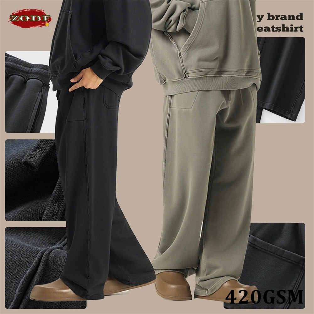 ZODF Retro High Street 420gsm Cotton Straight Pants For Man Unisex Loose Fit Distressed Sport Trousers Sweatpants HY0051