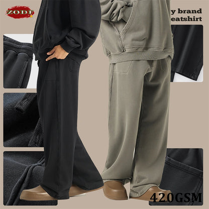 ZODF Retro High Street 420gsm Cotton Straight Pants For Man Unisex Loose Fit Distressed Sport Trousers Sweatpants HY0051