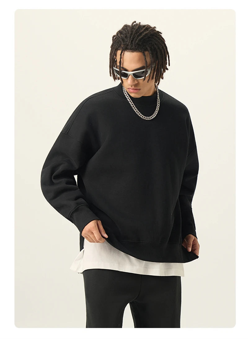 ZODF Fashion Men Winter Side Split Fleece Sweatshirt Winter Unisex Oversized 350gsm O Neck Warm Pullovers Brand Clothing HY0058