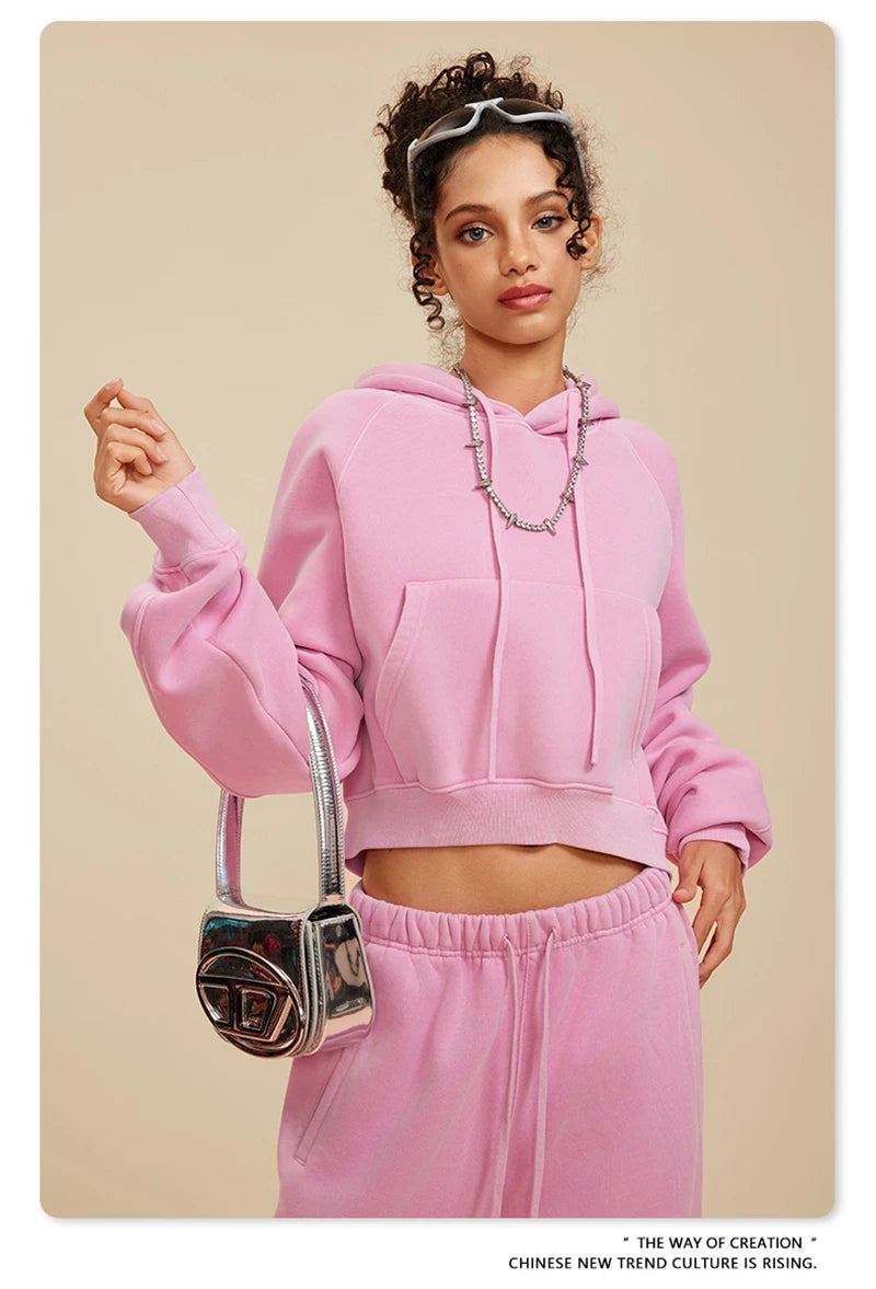 ZODF Women Hotsweet 2025 Winter Washed Fleece Crop Hoodies Girls Oversized Raglan Sleeve 400gsm Hooded Pullovers HY0648