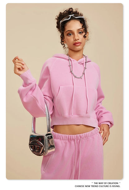 ZODF Women Hotsweet 2025 Winter Washed Fleece Crop Hoodies Girls Oversized Raglan Sleeve 400gsm Hooded Pullovers HY0648