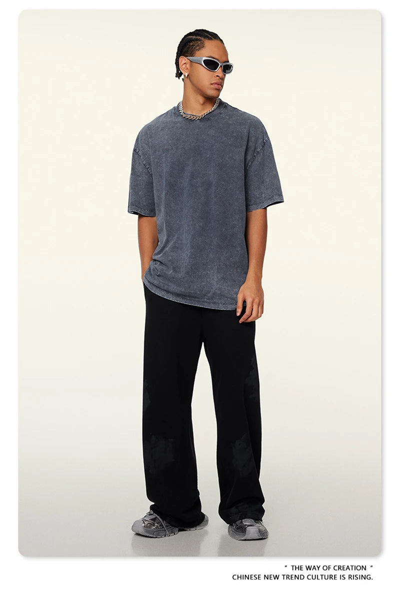 ZODF New Summer Men Washed Batik Cotton T Shirts Unisex American Retro High Street 270gsm Short Sleeve Tees Streetwear HY0489