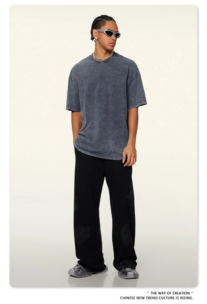 ZODF New Summer Men Washed Batik Cotton T Shirts Unisex American Retro High Street 270gsm Short Sleeve Tees Streetwear HY0489