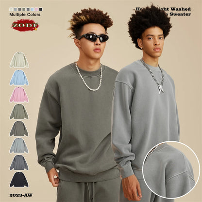 ZODF New Men Winter 355gsm Washed Fleece Sweatshirts Retro Unisex Oversized Solid O-Neck Warm Pullovers Coat Streetwears HY0639