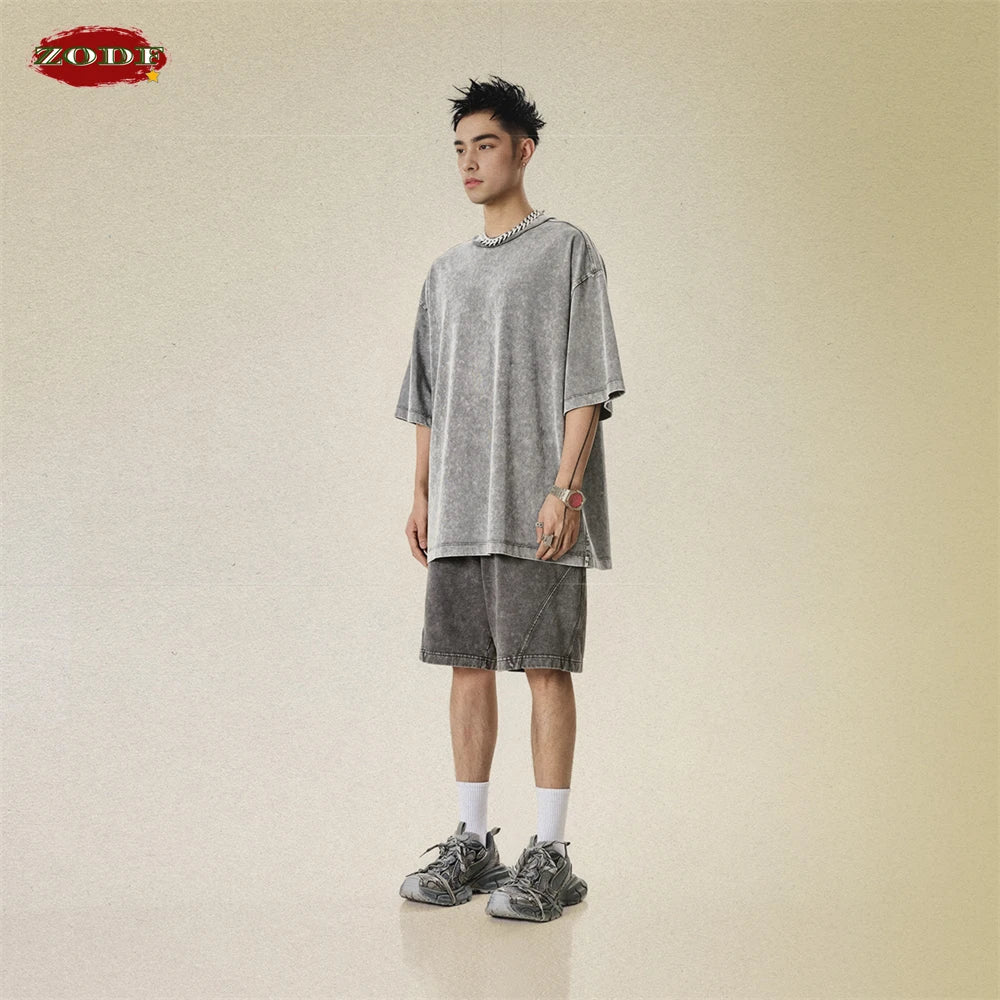 ZODF New Men Fire Snowflake Washed 330gsm Shorts Unisex High Street Summer Distressed Sport Cotton Shorts HY1028