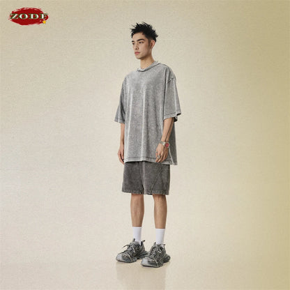 ZODF New Men Fire Snowflake Washed 330gsm Shorts Unisex High Street Summer Distressed Sport Cotton Shorts HY1028