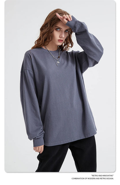 ZODF Retro Autumn Full Sleeve Washed 100% Cotton T-Shirts For Men Unisex Solid Casual Loose 310gsm Tee Brand Tops HY0405