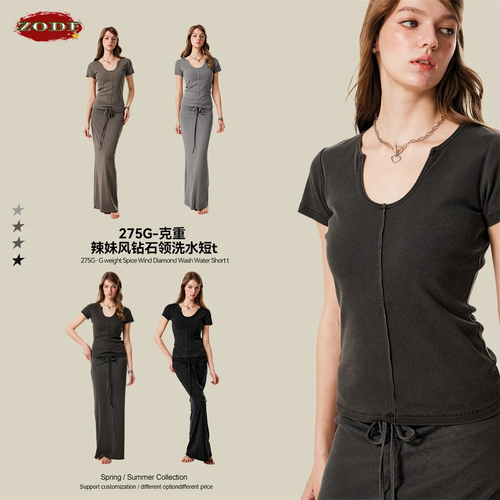 ZODF Women Retro 2025 Summer 275gsm U Collar Washed T-Shirts Hotsweet Girls Sexy Slim Fit T Shirt Brand Tees HY0992