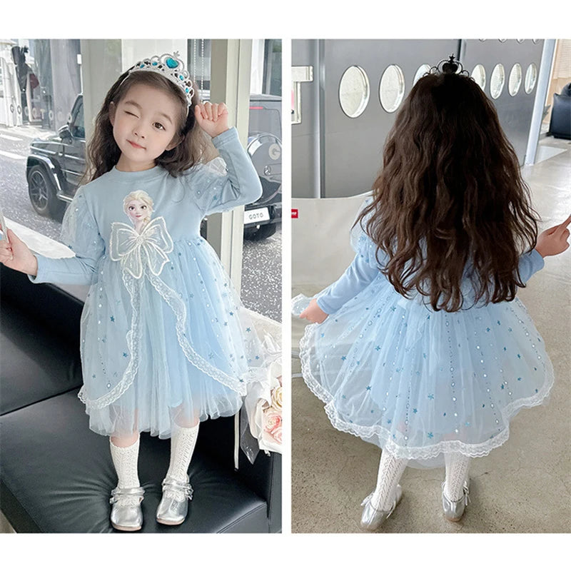 Toddler Girl Dress 2 to 3 4 5 6 7 8 9 Years Long Sleeve Princess Elsa Kids Dresses Blue Tutu Dress Children Clothes