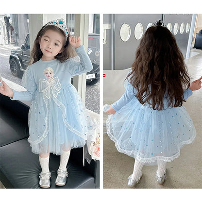 Toddler Girl Dress 2 to 3 4 5 6 7 8 9 Years Long Sleeve Princess Elsa Kids Dresses Blue Tutu Dress Children Clothes