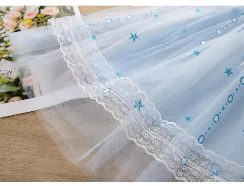 MINISO Girls Dress Blue Toddler Girl Mesh Lace Dress Summer Infant Fuffy Tulle Tutu Frozen Princess Dress 2 to 3 4 5 6 7 8Years
